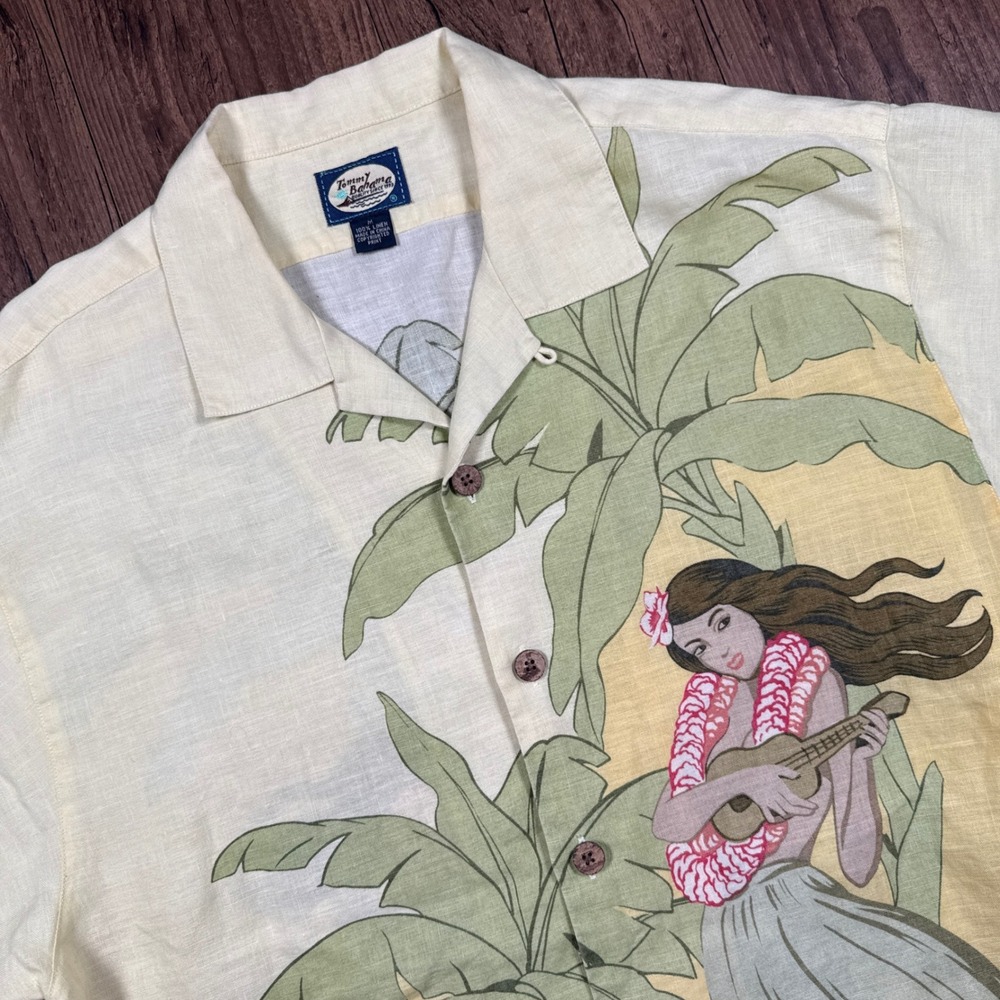 Tommy Bahama Linen Camp Shirt Men M Cream Hula Girl Ukulele Tropical Resort Loop